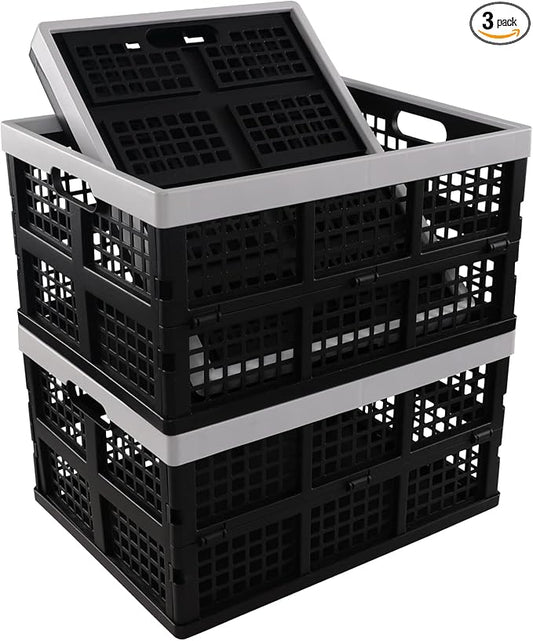 Esdiplot 3 Pack 34 L Large Plastic Collapsible Storage Crate, Folding Containers Bin Stackable Basket