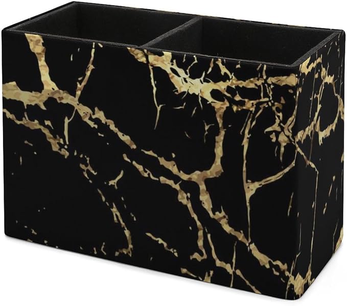 Pen Pencil Holder Gold Marble Black in PU Leather, Multi-Functional Pencil Container with Anti Slip Bottom for Home Office, Square Pen Holder