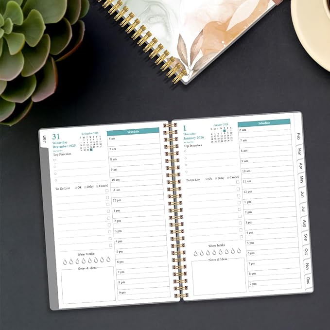 2026 Daily & Monthly Planner - One Page Per Day, Daily Planner 2026 from January 2026 to December 2026, Planner 2026 with 12 Monthly Tabs, 6.4" x 8.5", Rose Leaf