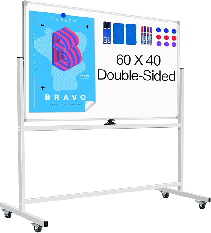 Mobile Whiteboard on Wheels 60 X 40, Double-Sided Large Rolling White Board Dry Erase Board with Stand, Magnetic Whiteboard with Stand, Portable Standing Whiteboard for Home Office School