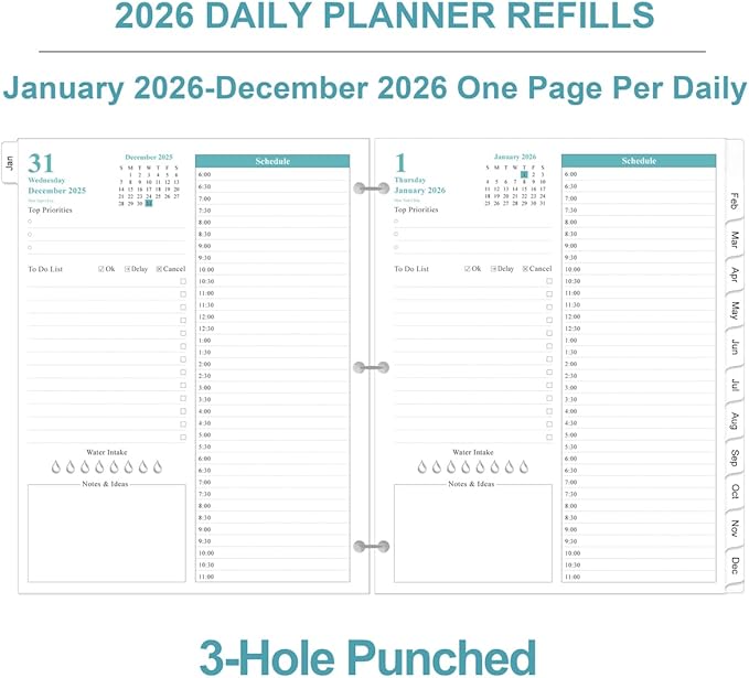 2026 Planner Refill - One Page Per Day, 3-Hole Daily ＆ Monthly Planner Refills, January 2026-December 2026, Prioritized, To-Do List, Notes, Appointment Schedule, Folio Size, 8.5" x 11"