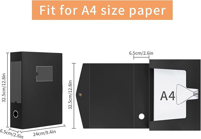 HUA JIE 2 Pack A4 Storage File Boxes Archives Case,65mm Spine,Box File Document Storage Box with Metal Clip for Office School -Black