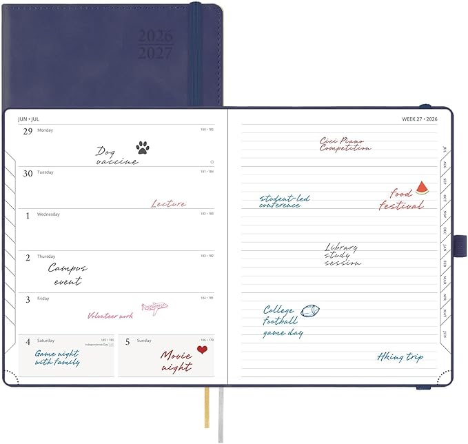 POPRUN Weekly Planner 2026-2027 (Large 8.5''x 10.5'') Academic Calendar (JUL.26 - JUN.27) Appointment Book with Monthly Tabs, Leather Soft Cover, Inner Pocket, 100 GSM - Navy Blue