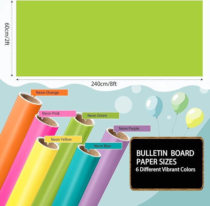 Skyygemm 6 Rolls Bulletin Board Paper Fade Resistant Colored Bulletin Board Paper Roll Bulk for Art Decor Drawing Craft Painting(2 x 8 ft,Neon)