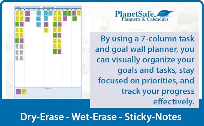 Sky Blue 7-Column Task, Goals & Objective Wall Vertical Organizer 48" x 32". Complete with Marker