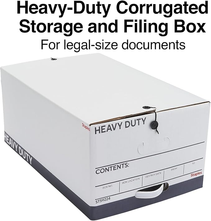 STAPLES Heavy Duty File Box, String and Button Lid, Legal, White/Gray, 4/Pack