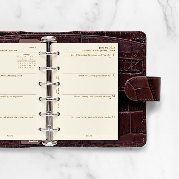 Filofax Calendar Diary Refill, Pocket Size, Week-to-View, Cotton Cream Paper, Unruled, Multilingual: Five Languages, 2026 (C68213-26)