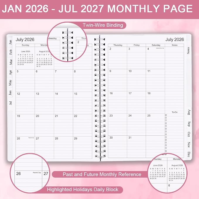 Cheericome Planner 2026-2027, Monthly Weekly Planner Runs January 2026 to June 2027, 26-27 Planners with PP Cover and Elastic Bond, 18 Month, Rose Monthly Planner Calendar