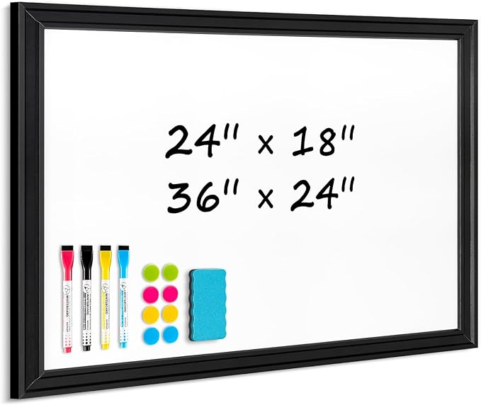 DOLLAR BOSS Magnetic Whiteboard for Wall 24" x 18" Vintage Wood Framed White Board Decorative Dry Erase Board for Home Office Shop Decor Display with 4 Markers, 8 Magnets, 1 Eraser, Black