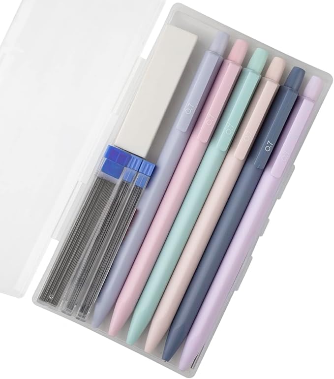 Mechanical Pencils Set 0.5mm & 0.7mm, 6 Pack with Lead Refills & Eraser, Triangular Grip, One-Piece Barrel, Pastel Colors for Writing Drafting & Sketching