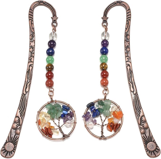 Jovivi Antique Copper Metal Bookmark Beading Bookmarks with Handmade 7 Chakra Healing Crystals Tree of Life Tumbled Gemstones and Round Beads