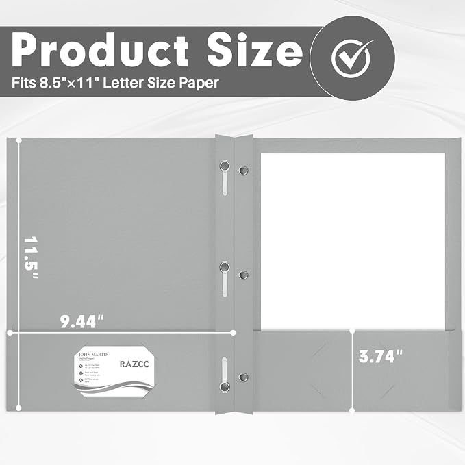 Two Pocket Folders, RAZCC 75 Pack Two Pocket Folders with Prongs, 3 Prong Folders Fit Letter Size Paper, Pocket File Folders for School Office Home Business, Grey