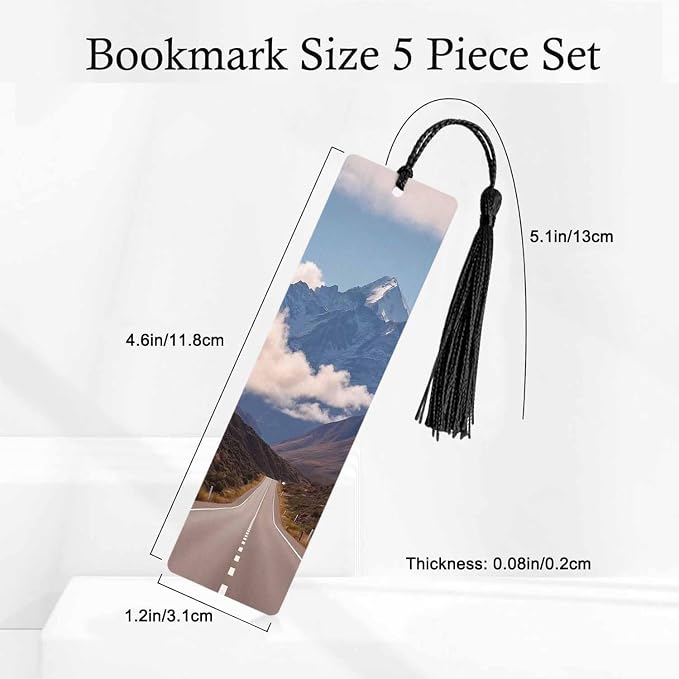 Mountain Road 5 Pcs Bookmarks Blue Sky Clouds Beautiful View Wooden Bookmarks with Tassel for Students Reader Teachers Book Lovers