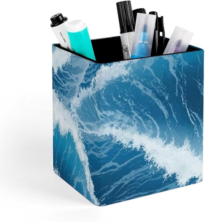 Pen Holder Square Leather Pencil, Holder Cup Makeup Brush Storage Organizer, Waterproof Multifunctional Office Supplies Blue Ocean Sea Wave