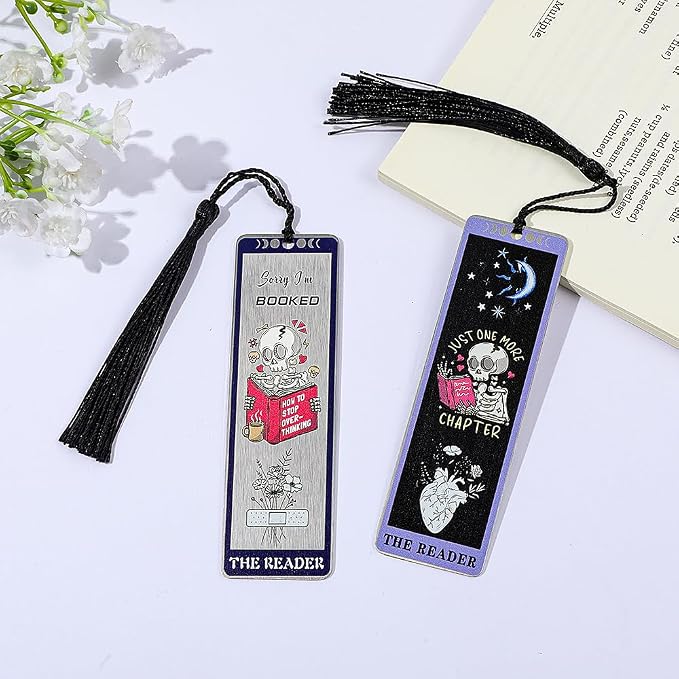 3Pcs Unique Skull Reader Bookmark - Metal Bookmark with Black Tassel, Star and Rose Pattern, Engraved “THE Reader” for Dark Gothic Lovers, Women Readers Fantasy Gift Gothic Gift (3PCS D)