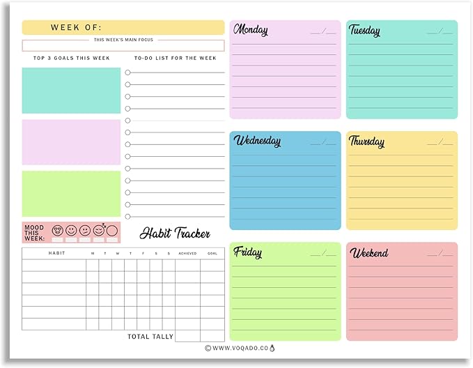 Weekly Planner Pad Tear Off (Magnetic) Full Year Productivity Planner, 50 Undated Sheets for Daily Schedule, To-Do Lists, Habit Tracking, Academic Planning, and Work Agenda (8.5 x 11 Inches, Color)