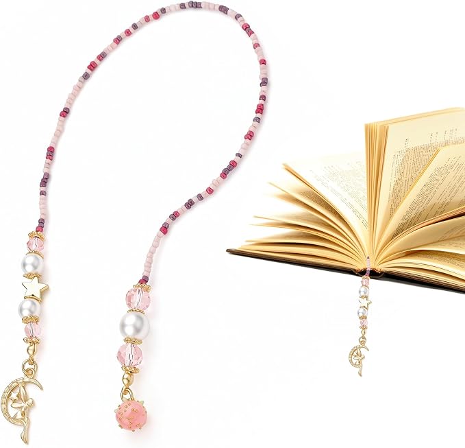 Moon Fairy Strawberry Beaded Bookmark - Pink Gold Beads Book Mark for Women, Unique Whimsical Cottagecore Accessories Bookish Gifts for Booklovers Students Teachers