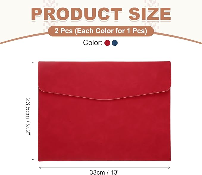 PATIKIL 2Pcs PU Leather File Folders, 13x9 A4 Document Holder Waterproof Envelope Folder with Snap Closure, Portable Portfolio Organizer Case for Paper Receipt, Red/Blue
