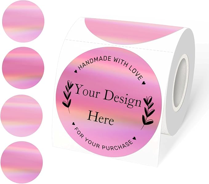 Thermal Label Printer Stickers, 3 Inch Round Holographic Thermal Label Sticker, Circle Holographic Direct Printer Stickers, Perforation Line Design/Pink Gradient