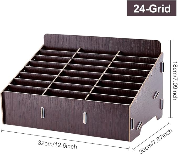BENECREAT 24-Grid Wooden Mobile Phone Management Storage Box, Black Cell Phone Storage Box Desktop Organizer for Office and School Supplies, Walnut Color