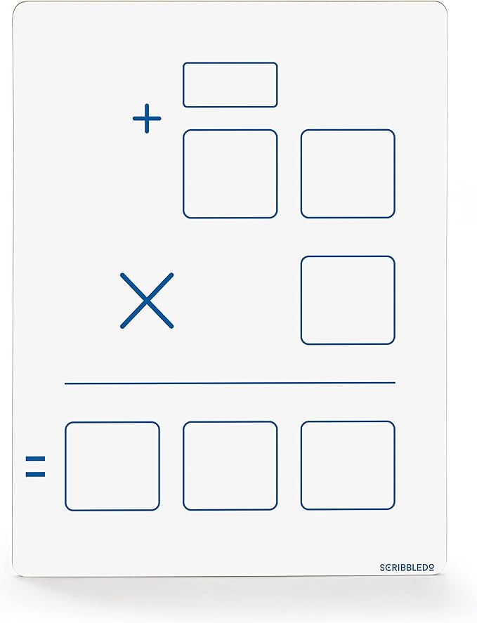 SCRIBBLEDO Dry Erase Long Multiplication Board 9"x12" Double Sided Practice Whiteboard with 2x1 & 2x2 Digit Multiplication for Home, School, Classroom Math Manipulatives for All Ages