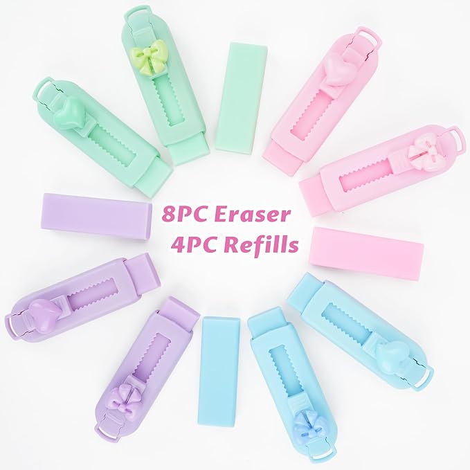 CEYAZYE 12PCS Sliding Retractable Pencil Erasers, Cute Push-Pull Rubber Eraser with 8 Plastic Sleeve & 4 Refills, Expandable Pen Eraser, Home School Supplies for Students Artists