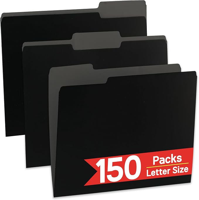 VZCPYTPM 150 Pack Black File Folders,Letter Size (8.5x11 in),1/3-Cut Tabs in Assorted Positions,Cardstock Paper Folders for Office,School & Home Filing Cabinet Organization,Bulk Document Folders