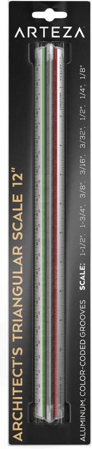 ARTEZA Architectural Scale Ruler – 12-Inch Triangular Ruler, Anodized Aluminum Tool with Laser-Etched Markings for Blueprints & Tech Drawings