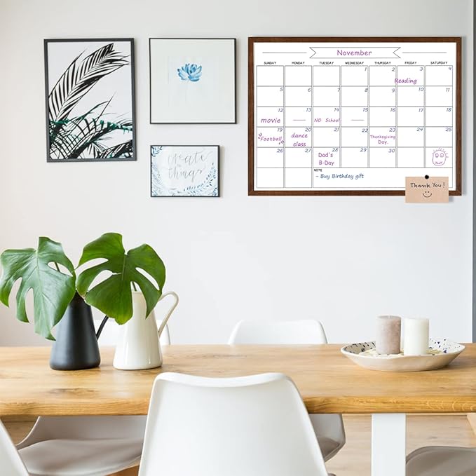 Dry Erase Monthly Calendar Whiteboard, Magnetic White Board for Wall, Solid Pine Wood Walnut Brown Frame Hanging Board for Office/School/Home，17.7"x 23.6"(YL-WB-4560-B)