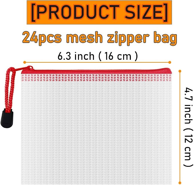 D-KINGCHY 24Pcs Zipper Storage Bags, Plastic Mesh Zippered Pouch for Organization, Waterproof Versatile Bags for Office Supplies School Travel (A6 Size 6.3''x4.7'', Assorted Color Zipper)