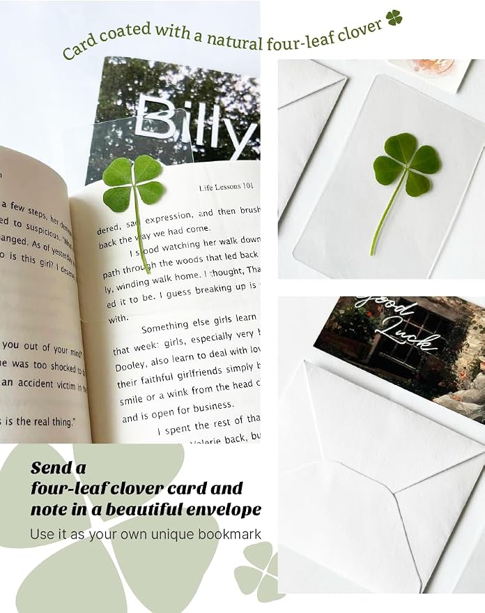 Genuine Real Four-Leaf Clover Bookmark, Elegant Bookmark, Smartphone, Wallet Coated Gift Thank You Card Four-Leaf Clover Gift (Fine Art Card)