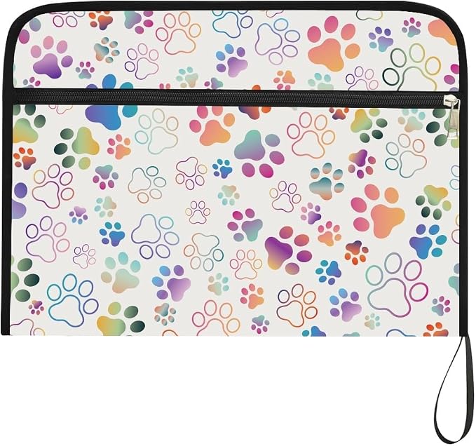 WEBEEDY Colorful Paw Prints Expanding File Folder 13 Pockets Cute Accordion File Organizer with Labels and Zipper, Portable Accordion Folder Paperwork Organiser for A4 Paper Document Photo Receipt