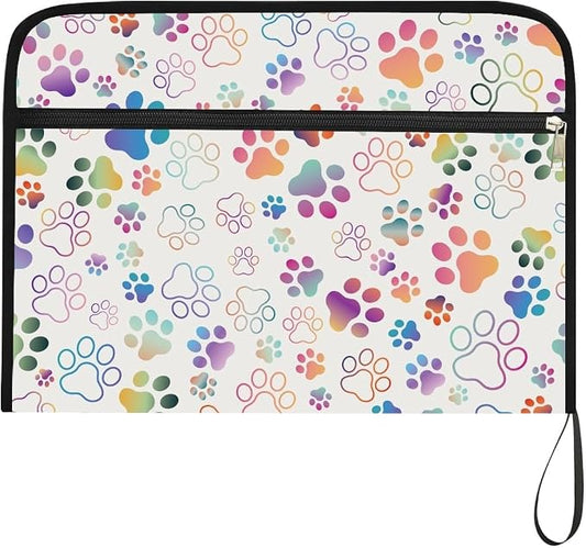 WEBEEDY Colorful Paw Prints Expanding File Folder 13 Pockets Cute Accordion File Organizer with Labels and Zipper, Portable Accordion Folder Paperwork Organiser for A4 Paper Document Photo Receipt