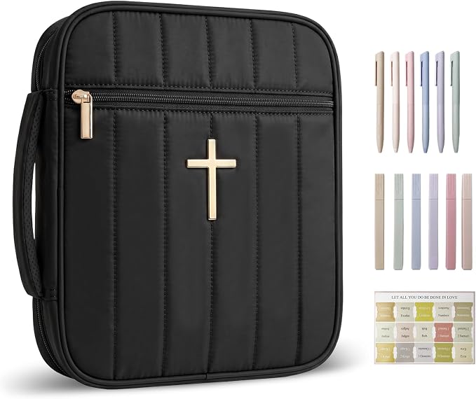 Wuflyover Bible Bag for Women with Study Set, Quilted Bible Cover Case with Handle, Bible Carrying Case for Church, Tabs, Notes, Pens and Highlighters, (Black+Study Accessories)