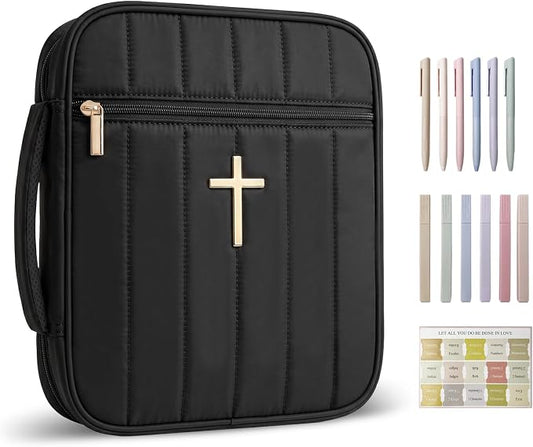 Wuflyover Bible Bag for Women with Study Set, Quilted Bible Cover Case with Handle, Bible Carrying Case for Church, Tabs, Notes, Pens and Highlighters, (Black+Study Accessories)