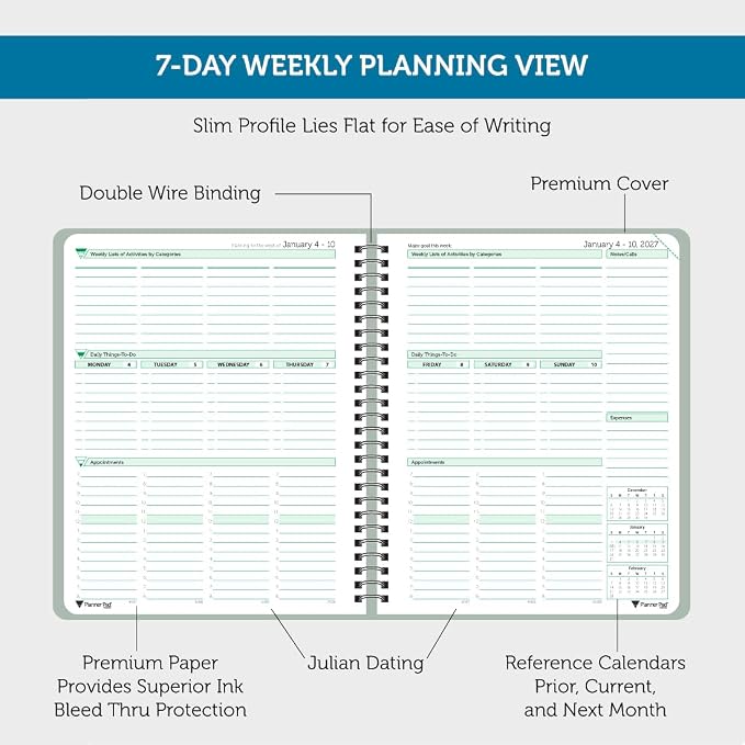 Planner Pad Spiral Bound January-December 2027/ Calender Year 6 3/4" x 8 1/2" Medium 3-Tier Funnel Down 12 Month Organizer, Greenish Grey Cover/Soft Green Ink