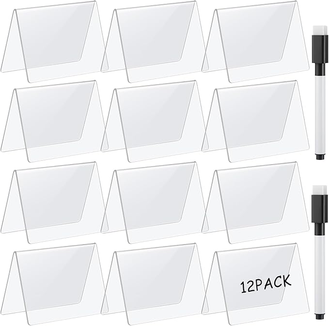 Outus 12 Pcs 4 x 3 Inches Buffet Food Labels Mini Small Chalkboard Signs Clear Acrylic Food Markers Little Price Signs with 2 Pcs Erasable Marker for Wedding Birthday Bakery Table Display