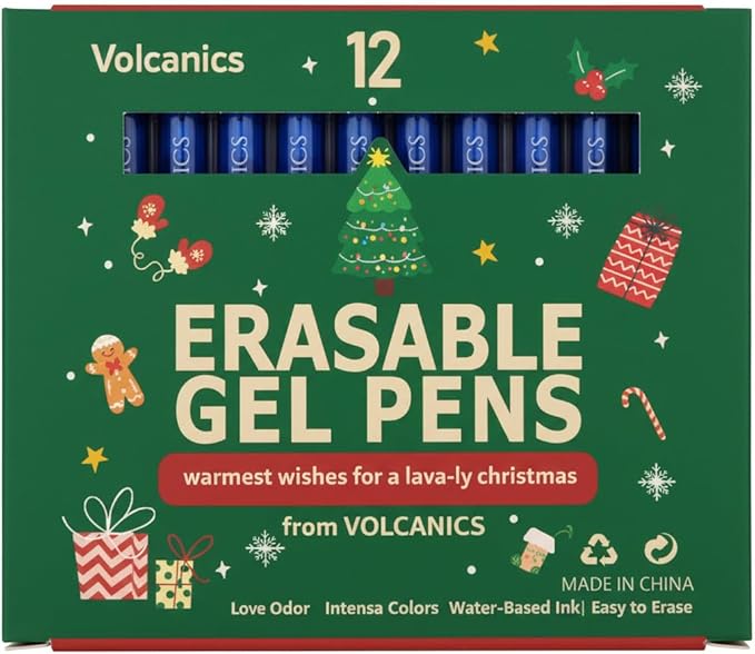 Volcanics Christmas Clicker Erasable Gel Pens Blue Ink – 12 Pack, Retractable Erasable Gel Ink Pen Set, Smooth Writing Heat Erase Gel Pens, Holiday Gift for Kids & Adults, Perfect Stocking Stuffers