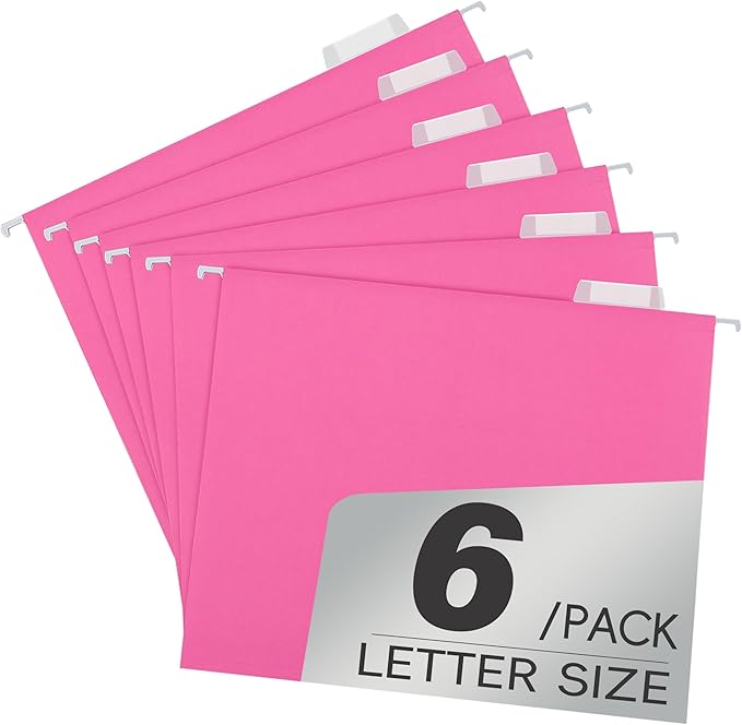 pmybupo 6 Pack Pink Hanging File Folders with Pocket,Letter Size Decorative Colored File Folder Cute Pretty Hanging Folder for Office Home School with 1/5-Cut Adjustable Tabs