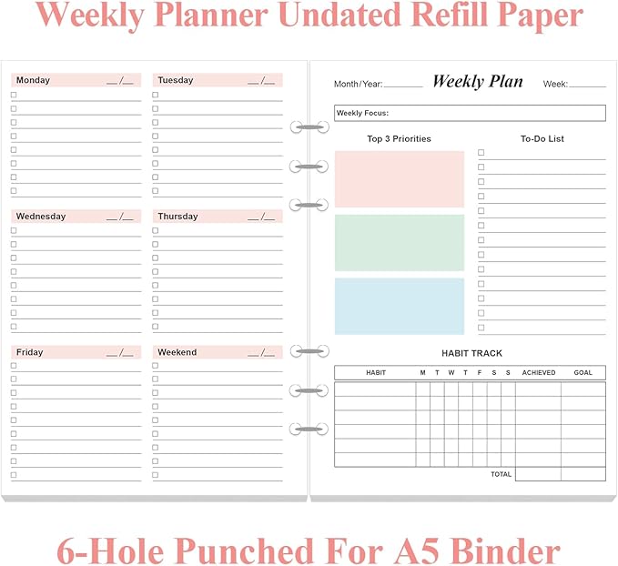 (2-Pack) Weekly Planner Refills for A5 Binders - 106 Sheets/212 Pages Undated Colorful Weekly Planner, 6-Hole Punched, 100 gsm White Paper, Lasts 1 Year, Undated, 5.8" x 8.3"