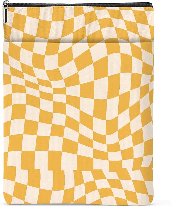 Wave Yellow Plaid Book Lovers Gifts Book Sleeve Vintage Checkered Waterproof Book Cover Book Pouch Book Protector with Front Pocket Book Club Christmas Birthday Gifts for Women Girl Book Accessories