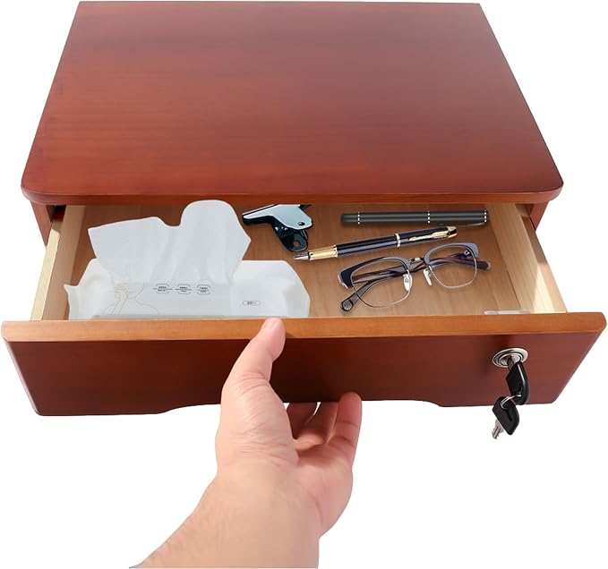 Wooden Desktop Storage Box with Lockable Drawers, Flat File Cabinet Drawer Desktop Storage Box, Countertop Storage Cabinet for Office Home Toiletries Supplies Vanity (Walnut, 1 Drawer)