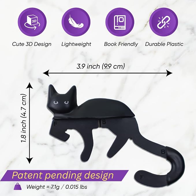 Spoofy 3D Bookmark - Adorable Bookmarks for Women, Durable & Lightweight Book Accessories for Reading Lovers, Unique Gifts for Women, Gifts for Book Lovers (Black Cat)