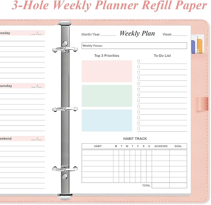 (2-Pack) Half Letter Size Weekly Planner Refills for 3 Ring Mini Binders - 53 Sheets/106 Pages Undated Colorful Weekly Planner, 100 gsm White Paper, Lasts 2 Year, Undated, 5.8" x 8.3"
