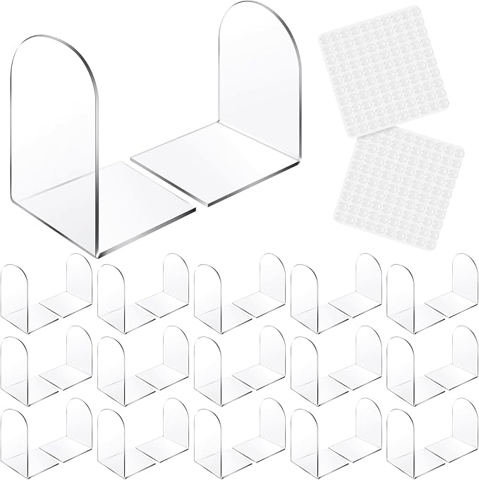 Leinuosen 32 Pcs Acrylic Clear Book Ends with Silicone Pad Non Skid Book Holders Arch Shape Heavy Duty Bookends Stoppers for Movies, CDs, Video Games (Clear)