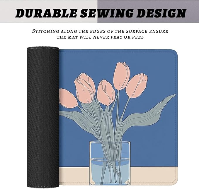 Minimalist Flowers Desk Mat Gaming Mouse Pad Blue Tulip Vase Large Gaming Mouse Mat with Stitched Edges,Non-Slip Waterproof Rubber Base Mous Mat Office Computer Keyboard 31.5"x11.8"