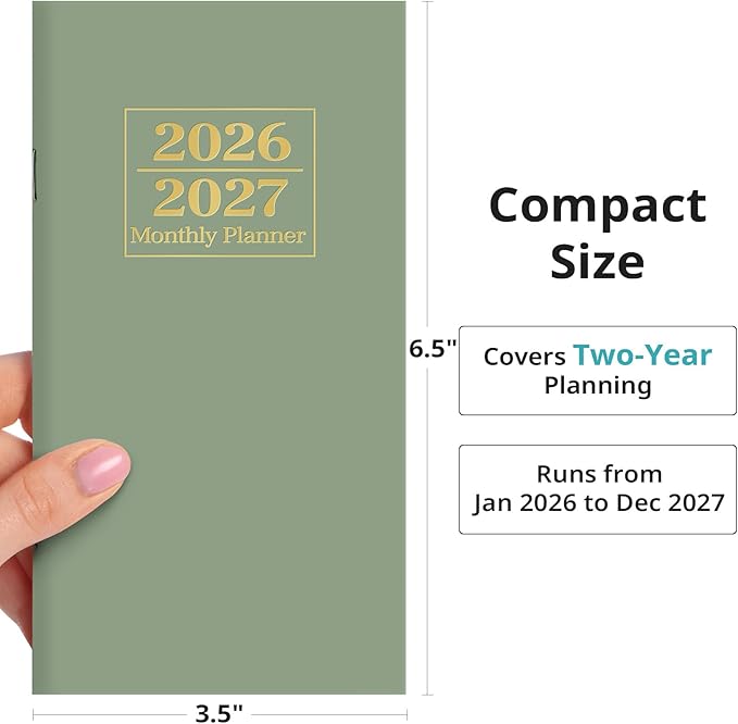 Pocket Calendar 2026-2027 for Purse, Two Year Monthly Planner Pocket Size, Jan 2026 to Dec 2027 Monthly Planner Small Size (6.5" x 3.5") - Green