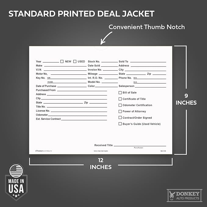 Printed Vehicle Deal Envelopes 9x12 Deal Jackets (100 shrink wrapped) (White)