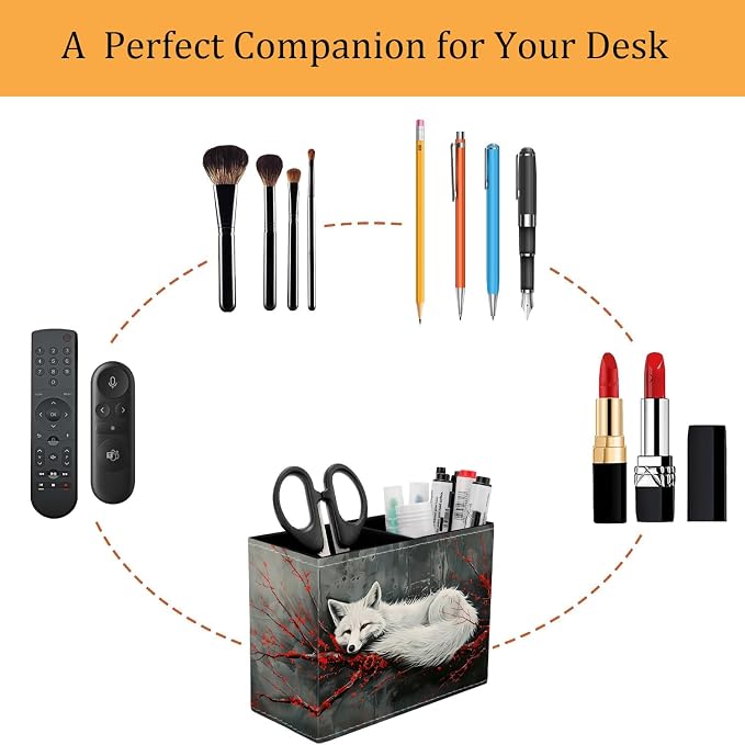 Pen Holder for Desk, PU Leather Multifunctional Desktop Storage Box and Anti-Slip Mouse Pad Set, Makeup Brush Holder Pen Organizer for Office and Home - Fox and Red Branch