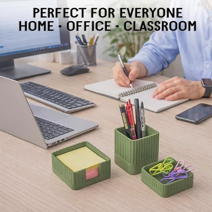 Desk Organizer Set of 3 for Office Accessories - Includes Pen Holder, Paperclip Storage, and Sticky Note Holder - Aesthetic Concrete Desktop Accessories for Women or Men, Office Decor (Green)